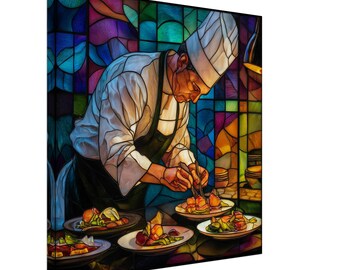 Culinary Creation, Stained Glass Canvas Art of a Chef Plating Food, Faux Stained Glass Artwork