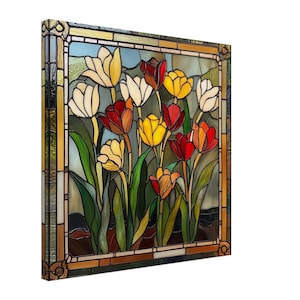 Tulip Garden Bloom, Stained Glass Canvas Art of Colorful Spring Tulips, Faux Stained Glass Artwork