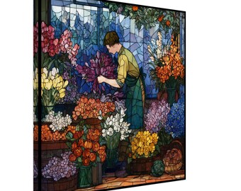 The Florist's Garden, Stained Glass Canvas Art of a Flower Shop Scene, Faux Stained Glass