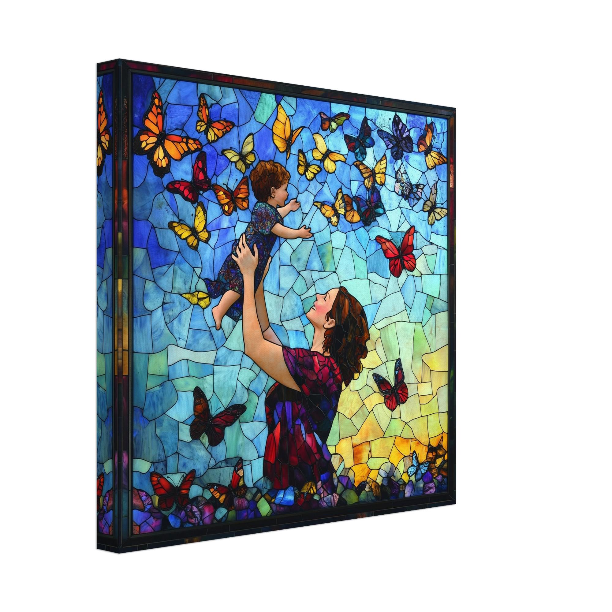 蝶の飛翔、母と子と蝶のステンドグラスキャンバスアート、フェイク