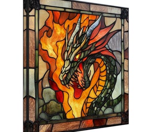 ドラゴンの威厳、ステンドグラスのキャンバスアート、雄大なドラゴン、フェイクステンドグラスアートワーク