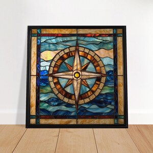 Nautical Navigator, Stained Glass Canvas Art of a Nautical Compass, Faux Stained Glass Artwork image 4