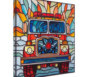 Frontline Valor, Stained Glass Canvas Art of a Firetruck, Faux Stained Glass Artwork