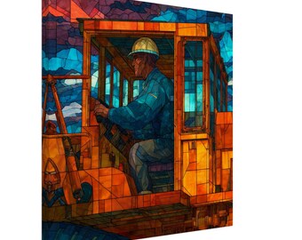 The Operator's Vigil, Stained Glass Canvas Art of a Construction Worker, Faux Stained Glass Artwork