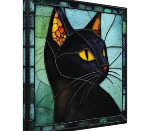 真夜中のウィスカーズ、黒猫のステンドグラス キャンバス アート、フェイク ステンドグラス アート作品