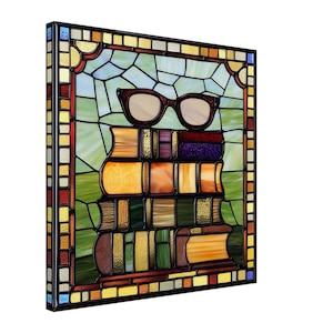 May include: A stained glass window panel depicting a stack of books with a pair of glasses on top. The books are in shades of brown, orange, yellow, and green. The glasses are red and have a black frame. The background is a light blue and green.