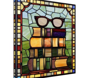 Stacked Wisdom, Stained Glass Canvas Art of a Stack of Books, Faux Stained Glass Artwork