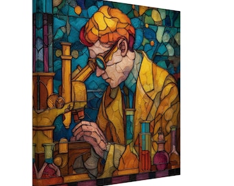 The Alchemist's Study, Stained Glass Canvas Art of a Scientist at a Microscope, Faux Stained Glass Artwork