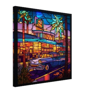 Retro Diner Night, Stained Glass Canvas Art of a Classic Diner Scene, Faux Stained Glass Artwork
