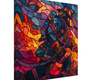 Heroic Valor, Stained Glass Canvas Art of a Firefighter in Action, Faux Stained Glass Artwork