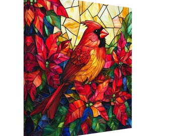 Cardinal and November Flower, Stained Glass Canvas Art of a Red Songbird with Chrysanthemums, Faux Stained Glass Artwork