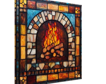 Cozy Hearth, Stained Glass Canvas Art of a Fireplace with Burning Logs, Faux Stained Glass Artwork