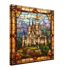 Medieval Majesty, Stained Glass Canvas Art of a Medieval Castle, Faux Stained Glass Artwork