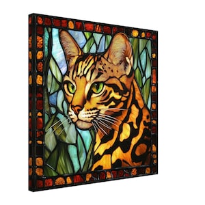 Gato bengalí regio, lienzo de vitrales con un gato bengalí, obra de arte con vitrales falsos