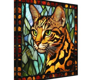 Vorstelijke Bengalen, glas-in-loodcanvaskunst van een Bengaalse kat, kunst-glas-in-loodkunstwerk