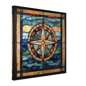 Nautical Navigator, Stained Glass Canvas Art of a Nautical Compass, Faux Stained Glass Artwork image 1