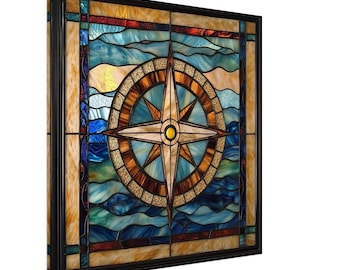 Nautical Navigator, Stained Glass Canvas Art of a Nautical Compass, Faux Stained Glass Artwork