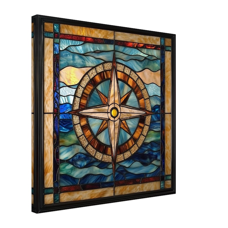Nautical Navigator, Stained Glass Canvas Art of a Nautical Compass, Faux Stained Glass Artwork image 1