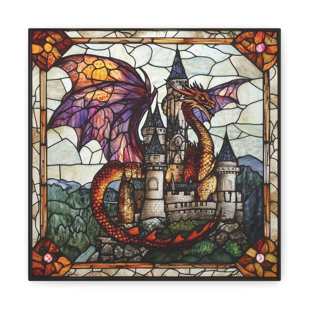Dragon Dominion Stained Glass Canvas Art of Majestic Dragon and Castle ...