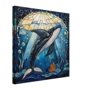 Whale Symphony, Stained Glass Canvas Art of a Majestic Whale, Faux Stained Glass Artwork