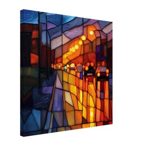 Rainy City Lights, Stained Glass Canvas Art of a Wet City Street at Night, Faux Stained Glass Artwork