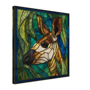 May include: Stained glass artwork featuring an okapi's head and neck, set against a backdrop of green and blue foliage. The okapi's face is a mosaic of tan, brown, and white glass, framed by a dark blue border. The artwork is square.