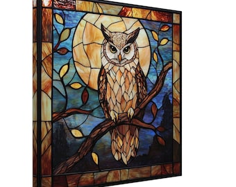 Wisdom's Watch, Stained Glass Canvas Art of a Wise Owl, Faux Stained Glass Artwork