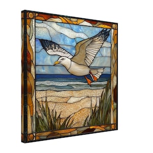 Soaring Seagull, Stained Glass Canvas Art of a Seagull Flying, Faux Stained Glass Artwork