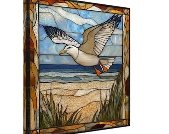 Soaring Seagull, Stained Glass Canvas Art of a Seagull Flying, Faux Stained Glass Artwork