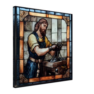 The Smith&#39;s Legacy, Stained Glass Canvas Art of a Medieval Blacksmith, Faux Stained Glass Artwork