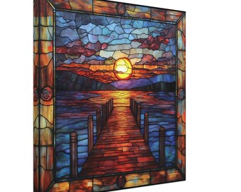 Ruhiger Pier, Glasmalerei-Leinwandkunst eines Küstenpier, Faux-Glasmalerei-Kunstwerk