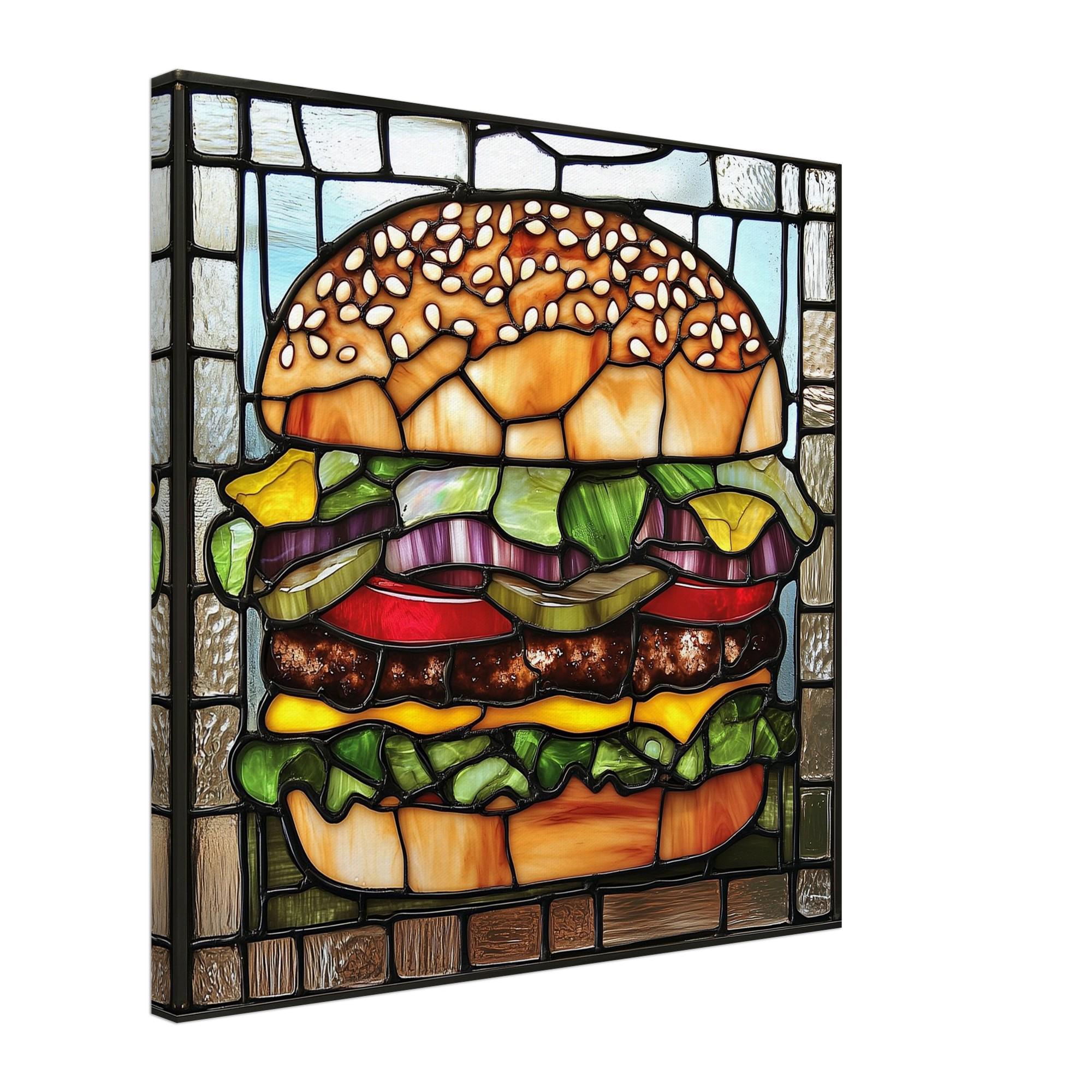 ハンバーガーセットのステンドグラスパネル グルメな喜び、ジューシーなハンバーガーのステンドグラスキャンバス