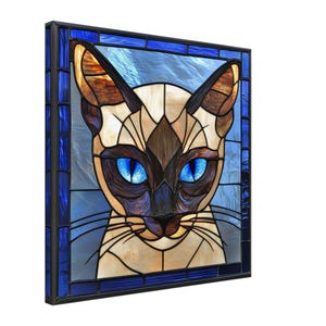Sleek Serenity, Stained Glass Canvas Art of a Siamese Cat, Faux Stained Glass Artwork