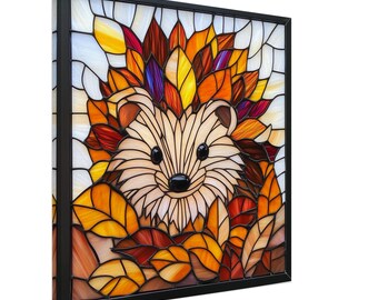Autumn Hedgehog, Stained Glass Canvas Art of an Adorable Hedgehog Among Leaves, Faux Stained Glass Artwork