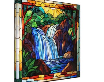 Mystical Cascade, Stained Glass Canvas Art of a Magical Waterfall, Faux Stained Glass Artwork