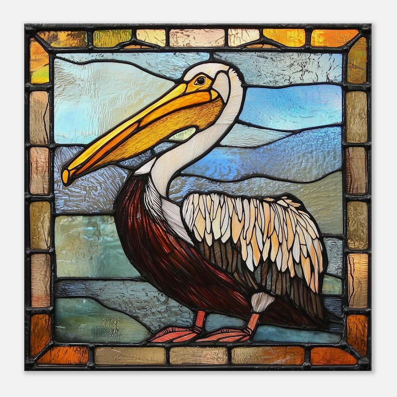 Guardian of Sanctuary, Stained Glass Canvas Art of a Noble Pelican, Faux Stained Glass Artwork image 7