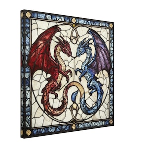 Draconic Splendor, Stained Glass Canvas Art of Medieval Dragons, Faux Stained Glass Artwork