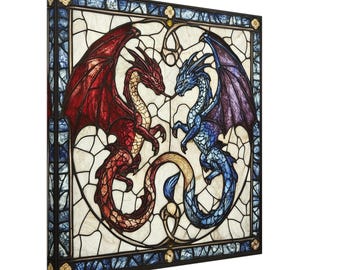 ドラゴンの輝き、中世のドラゴンのステンドグラスキャンバスアート、フェイクステンドグラスアートワーク