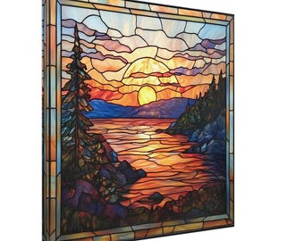 Radiant Dawn, Stained Glass Canvas Art of a Sunrise Over a Pastoral Scene, Faux Stained Glass Artwork