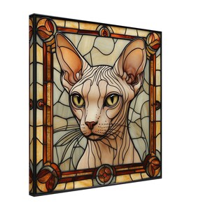 May include: A stained glass artwork featuring a Sphynx cat with green eyes. The cat is framed in a decorative border with brown, orange, and yellow accents.