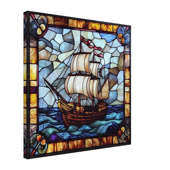 TS11221】ステンドグラス 額装 帆船 「横48cm×縦67cm」 インテリア