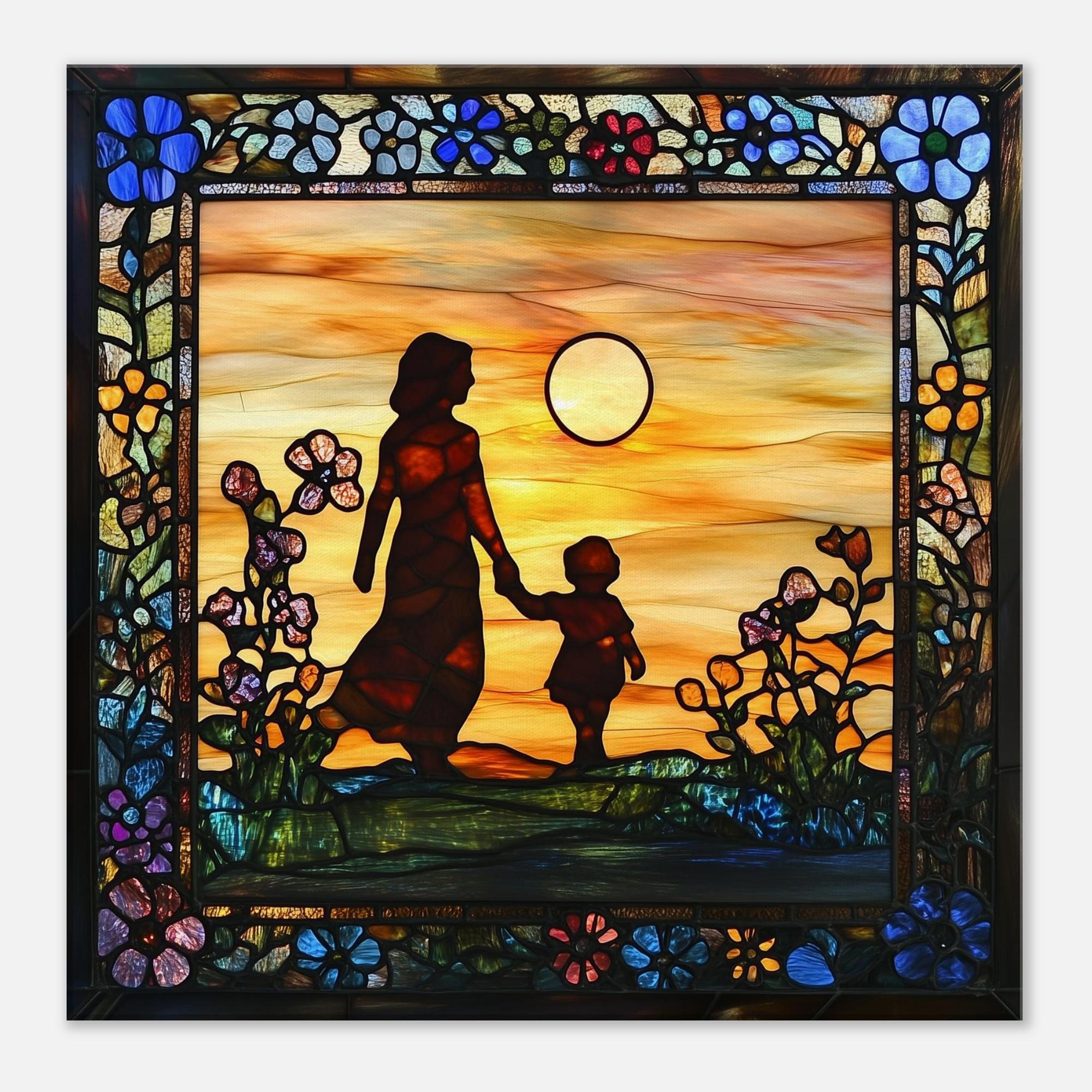夕暮れの散歩、夕暮れの母と子のステンドグラスキャンバスアート
