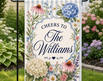 Custom Wedding Garden Flag Personalized Family Name Floral Garden Flag Outdoor Decor Hydrangea Wildflower Last Name Flag Housewarming Gift