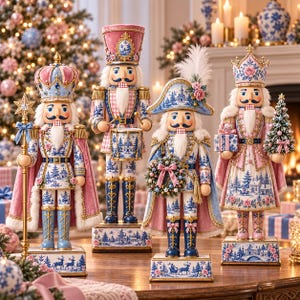 May include: Four decorative nutcracker figurines featuring blue and white toile-style winter landscape patterns with pink accents. Each figure wears a detailed uniform, including crowns or hats, and holds items like a staff, drum, wreath, or tree.