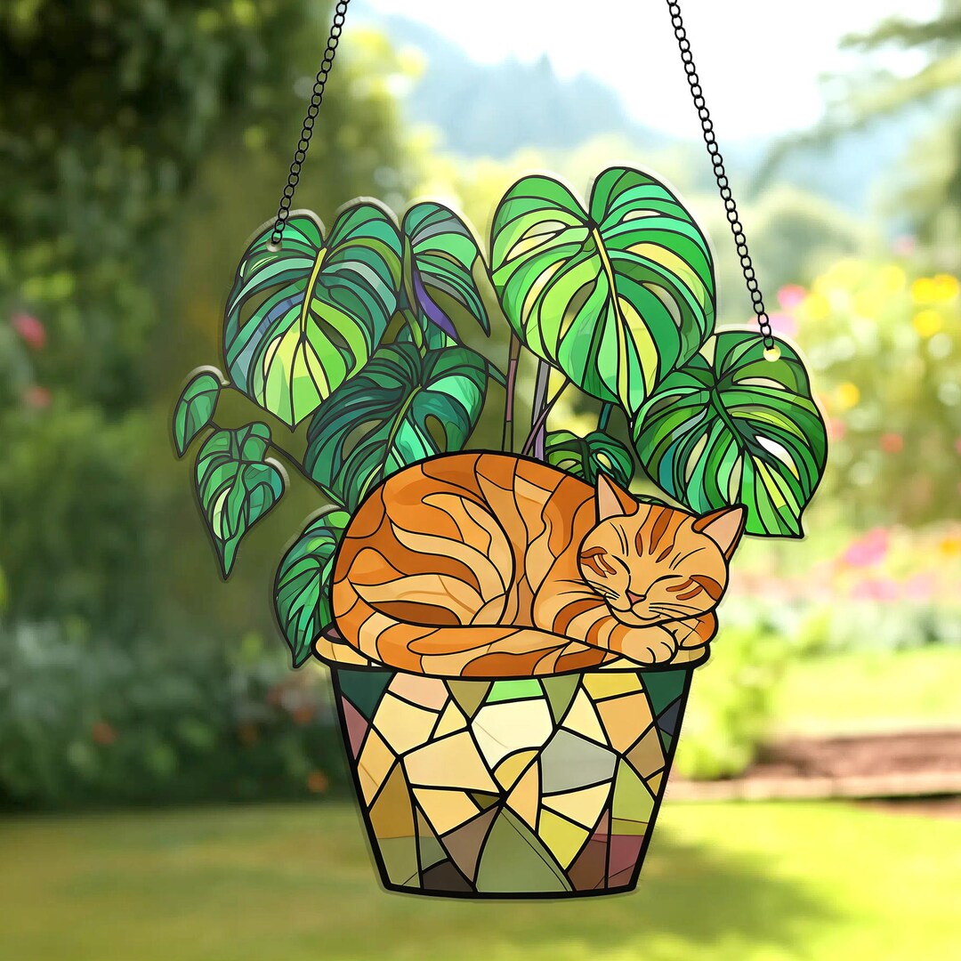 Monstera Leaves Cat Wavy Shape Acrylic Suncatcher Ornament, Glass ...