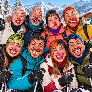 Op de afbeelding: Een groep van acht personen in skijassen en handschoenen, die doorzichtige plastic maskers dragen met opgedrukte cartoongezichten met overdreven neuzen, konijnentanden en gekleurd haar, poseren in een besneeuwd berglandschap.
