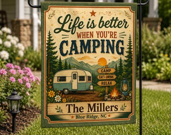 Bandera de jardín personalizada para camping, bandera de bienvenida personalizada para camping, decoración exterior para autocaravanas y caravanas.