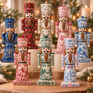 Personalized Christmas Nutcracker Wooden Block, Custom Name Toile Nutcracker, Vintage Holiday Shelf Decor, Hanukkah Nutcracker
