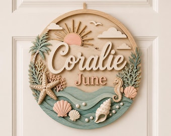 Coastal Mermaid Nursery Name Wooden Sign, Personalized Ocean Door Sign