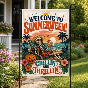 Summerween Garden Flag, Skeleton Halloween Beach Flag, Tropical Halloween Decor, Spooky Summer Yard Flag, Pumpkin Flag